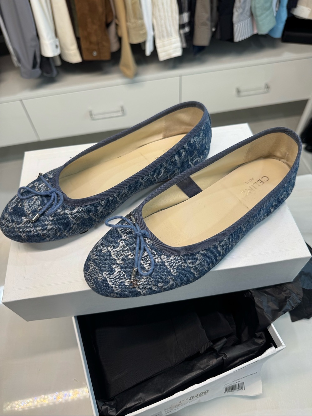 Celine denim blue monogram ballet flats with bow